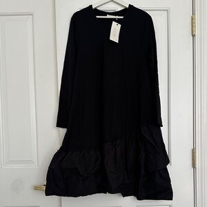 MASAI Black A-Line Dress Size L Long Sleeve Ruffle Hem Loose Fit $208 Retail